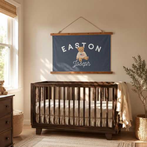 Personalized Nursery Tapestry, Teddy Bear Baby Name Wall Hanging, Preppy Boy Nursery Decor, Custom Above Crib Wood Topped Banner