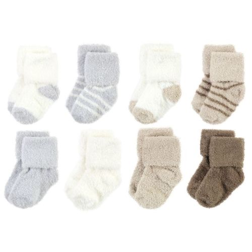 Hudson Baby Infant Boy Cozy Chenille Newborn and Terry Socks, Gray Taupe Stripe, 0-6 Months