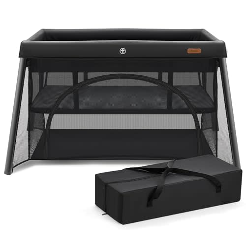 HARPPA Travel Crib with Comfy Mattress, Lightweight Portable Crib Requires No Assembly, Foldable Pack and Play for Baby and Toddlers, Compact Play Yard with Bed,Black