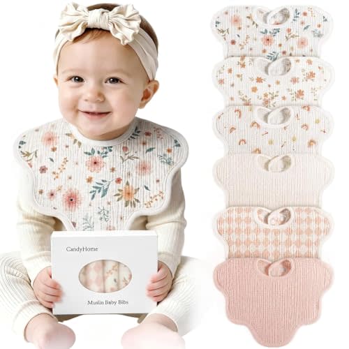 Muslin Bibs for Baby Girl Boy, 6 Pack Cotton Baby Bibs for Newborn Toddler | 100% Cotton Breathable, Extra Absorbent, Super Soft Cozy, Adjustable, Large Coverage, Machine Washable, Newborn Essentials