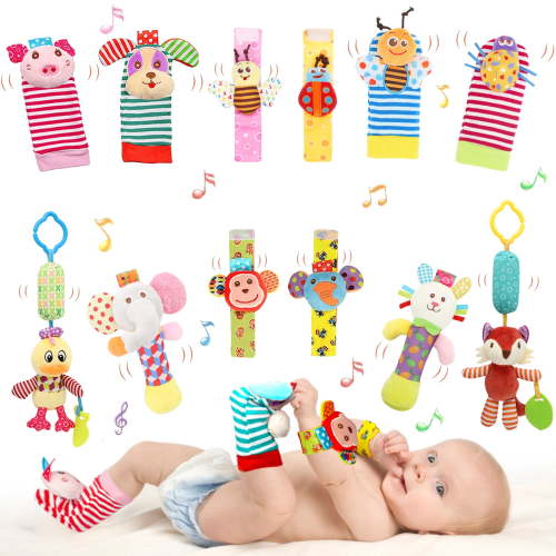 Bloobloomax, Baby Toy Set, 12 pcs, Wrist Rattles Foot Finder Socks