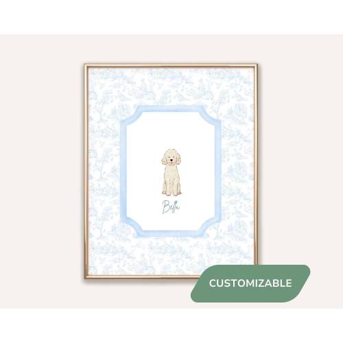 Personalized Doodle Dog Print Gifts, Custom Preppy Chinoiserie Poster for Dog Mom, Goldendoodle Owner Gift Pet Portrait for Nursery Wall Art