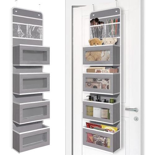 Giraffe Creation Gray Over Door Organizer with 4 Large Clear Pockets, Neutral Hanging Door Storage for Closet, Bathroom, Bedroom, Dorm, Nursery, Toys, Toiletries