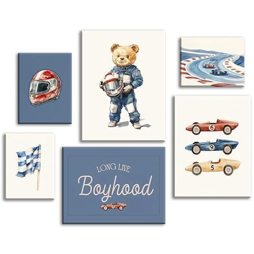 Set of 6 Nursery Race Car Canvas Wall Art Vintage Boys Room Wall Decor Navy Blue Vehicle Pictures Teddy Bear Poster Prints Racing Car Art for Boys Bedroom Playroom Home Decoration 8x10Inch