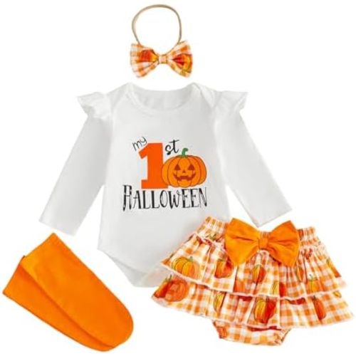 Newborn Baby Girl First Halloween Outfit Pumpkin Long Sleeve Romper Ruffle Bloomers Knee High Socks 3Pcs Clothes Set