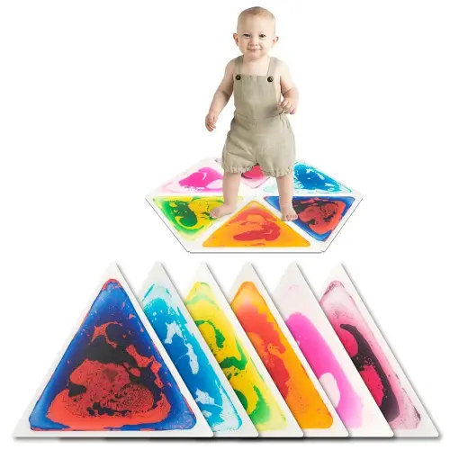 Art3d 6-Pack Triangle Liquid Sensory Floor Tiles, Colorful Liquid Fusion Play Mats for Kids Toddler, 15" x 15"