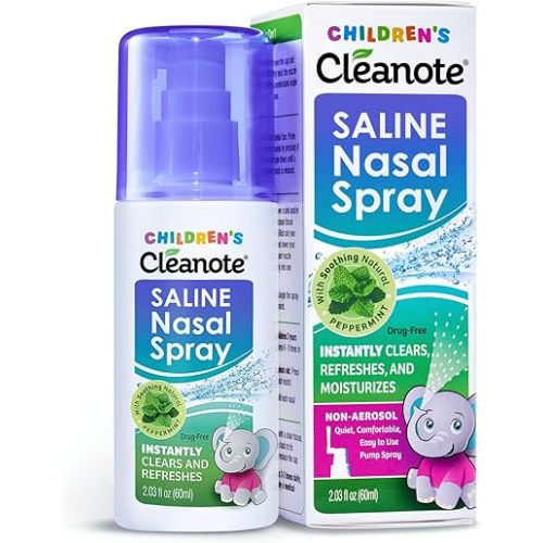 Cleanote Children’s Moisturizing Saline Nasal Spray for Dry Nose & Congestion Relief – Gentle, Drug-Free Nose Spray for Babies, Toddlers & Kids, 60 mL Purple and Blue