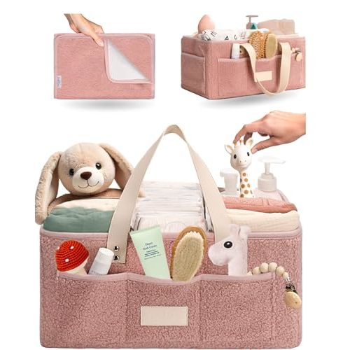 Toodly Baby Diaper Caddy Organizer with Portable Changing Mat - Teddy Fleece Diaper Organizer for Changing Table - Basket for Changing Essentials - Baby Essentials Organizer with Removable Dividers