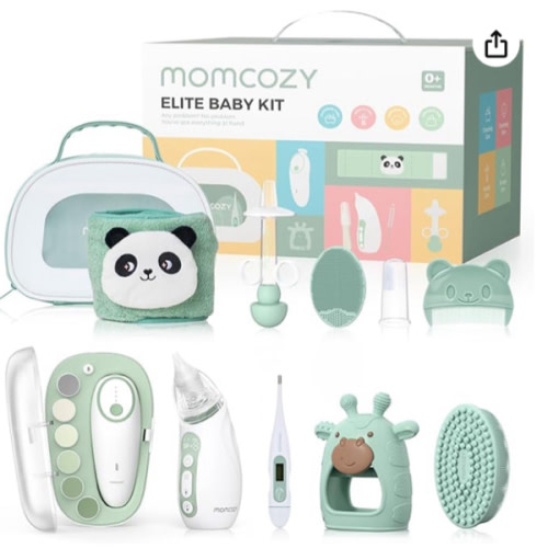 Momcozy Elite Baby Kit, Superior Baby Shower & Registry Essential Kit for Grooming & Health & Cleansing Care, Electric Nail File & Nasal Aspirator,Tummy Wrap,Thermometer,Bath Brush,Teether,Storage Bag