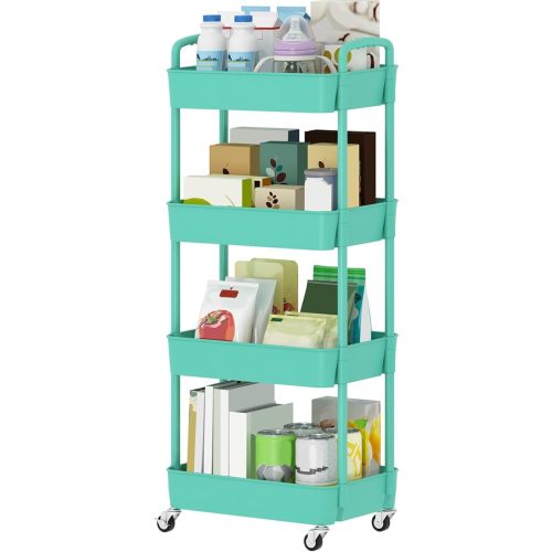 Sywhitta 4-Tier Plastic Rolling Utility Cart with Handle, Multi-Functional Storage Trolley for Office, Living Room, Kitchen, Movable Storage Organizer with Wheels, Green