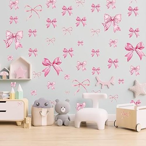 Pink Bow Wall Stickers, 8Sheets 46Pcs Bow Knot Wall Decals Watercolor Bow Wallpaper Peel and Stick for Nursery Kindergarten Girls Bedroom Coquette Room Décor