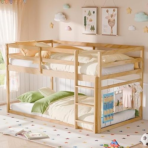 Xilingol Low Bunk Bed for Kids, Floor Bunk Bed Twin Over Twin, Wooden Bunk Bed Frame with Full Guardrails, Twin Bunk Bed for Bedroom, Dorm (Natural)