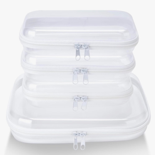 4 pcs Clear Zipper Pouches,Hard Shell Zipper Case, Toiletry Bag for Travel, CLear Diaper Bag, Toiletry Pouch, Travel Organizer, Clear Cosmetic Bag,Toy Storage Bins (M+3S)
