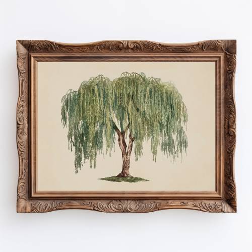 Willow | Antyczna wierzba ścienna, minimalistyczny botaniczny wydruk artystyczny z płaczącą wierzbą
