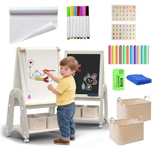 Art Easel for Kids 2-4 with Wheels, Whiteboard, Chalkboard & Paper Roll Adjustable Height 3-in-1 Toddler Easel for 2-4 Year Old Painting Easel for Kids with Storage & Accessories, Grey