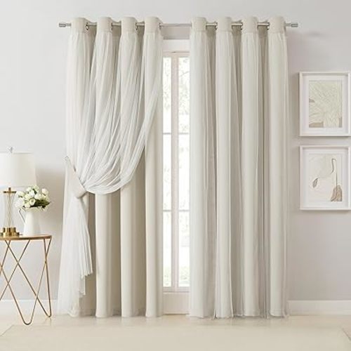 Bujasso Beige 80% Blackout Curtains with Sheer Overlay Mix and Match Double Layer Thermal Insulated Window Panels 84 inch for Living Room Bedroom Beige Drapes with Tiebacks Grommet Top 54" Wx84 Lx2