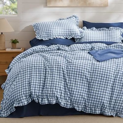 Bedsure Gingham Ruffle Duvet Cover Set, King, Cotton-Like Quilt Cover, Blue