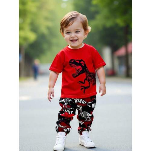 SHEIN Baby Boys' Casual Style Cute Dinosaur Cartoon Animal Y2K Streetwear Graphic Print Round Neck Short Sleeve Top And Pants Set Fall | SHEIN USA