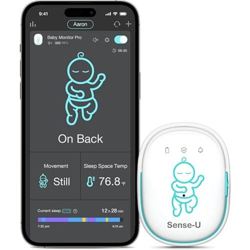 Sense-U Pro Baby Breathing Movement & Sleep Position Monitor with Gentle Vibration Alerts, Temperature Notifications, Audible & App Alerts, Sleep Analysis, Long Battery Life, Easy Clip-On Design