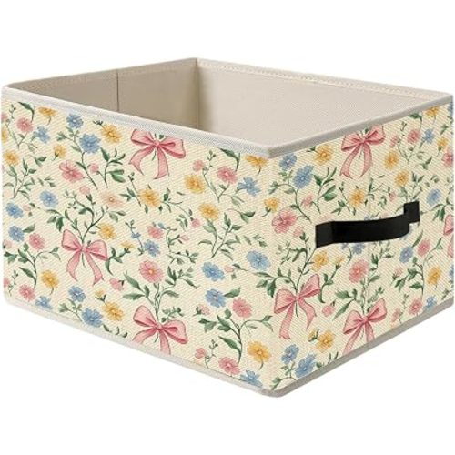 Coquette Pink Bow Floral Storage Bin Box with Handles, Rustic Colorful Flower Botanical Foldable Organizer Basket Toybox for Girls Room Dorm Bedroom Bathroom Clothes Toys Books