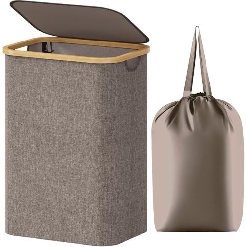 Lifewit 80L Large Laundry Basket with Lid, Removable Bags, Brown