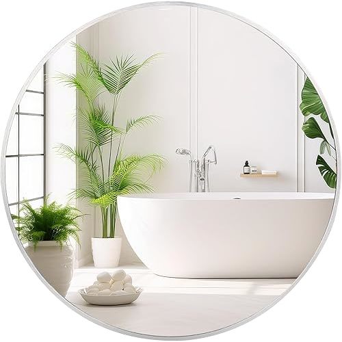 Fabuday Silver Round Mirror for Wall 26 inch - Circle Mirror for Bathroom, Entryway, Living Room, Hallway, Vanity Decor, Big Metal Frame Mirrors
