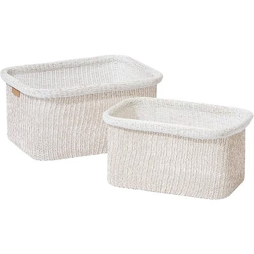 La Jolie Maison Blended Fabric Storage Baskets Set of 2, Rectangle Knitted Baskets for Organizing, Boho Decorative Baskets, Durable Finish, Oatmeal