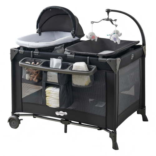 "Pamo Babe Baby Bassinet Playpen Combo, Nursery Center, Play Yard with Changing Table, 39.4""x27.6"" Dimensions"