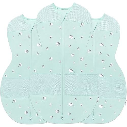 Happiest Baby Sleepea 5-Second Swaddle - 100% Organic Cotton Baby Swaddle Blanket - Doctor Designed Promotes Healthy Hip Development - 3-Pack Newborn Bundle (Teal Planets, 2 x Small, 1 x Medium)