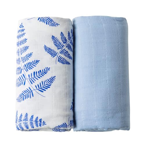 Margaux & May Organic Muslin Swaddle Blankets 2 Pack - 100% Organic, Large 47x47 Inches, Breathable Baby Blankets, Blue Fern and Solid Blue