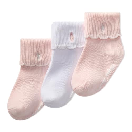 POLO RALPH LAUREN baby-girls Scalloped Edge Turn Cuff Ankle Socks - 3 Pair Pack - Grippers and Soft Cotton