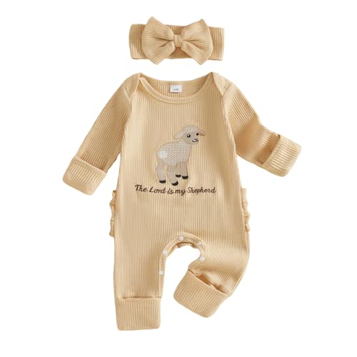 allshope Infant Baby Girl Fall Outfit Romper Ribbed Embroidery Jumpsuit Long Sleeve Bodysuit Cute Newborn Clothes