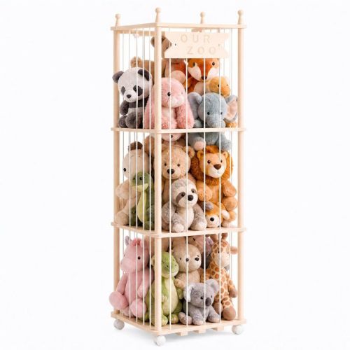 Fodoss Wooden Stuffed Animal Organizer – Zoo-Themed Storage for Plush Toys, Kids’ Room, Nursery, Playroom, Space-Saving Toy Holder (log color)