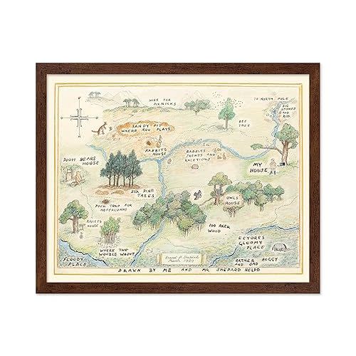 Monem Art Vintage Illustration Poster - Retro Landscape Print - Gift for Baby, Kid - 100 Acre Wood Map, Bear, Pig, Animal, Famous Cartoon - Wall Decor for Bedroom Nursery, 16x20 Brown Framed