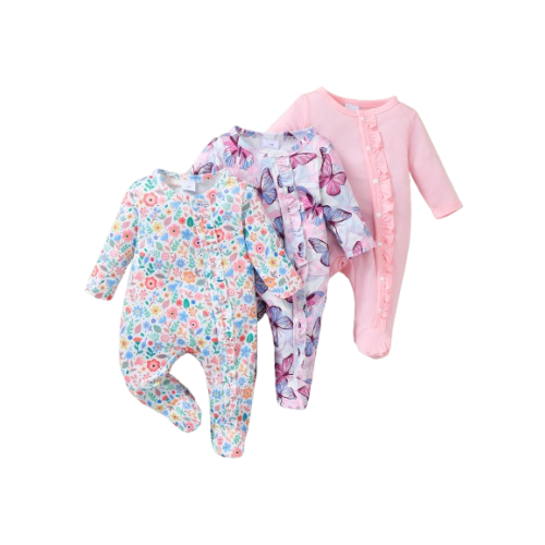 PureChapter 3-Pack Baby Girls Floral & Butterfly Print Footed Rompers, Long Sleeve Round Neck Ruffle Placket One-Piece Bodysuits For 0-9M