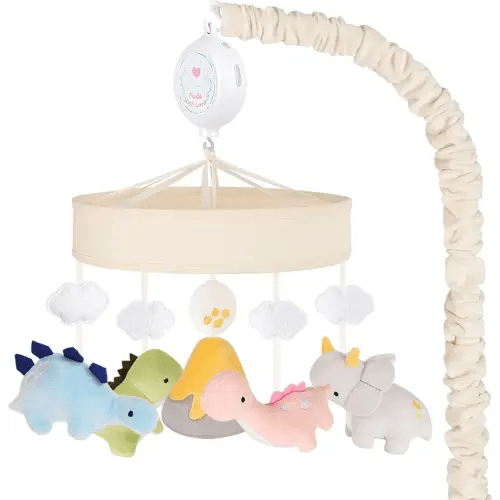 Dinosaur Crib Mobile – Beige Dino Baby Crib Mobile with 3-Mode Music Box, Nursery Mobile with Triceratops, T-Rex, Volcano, Fits Standard Cribs