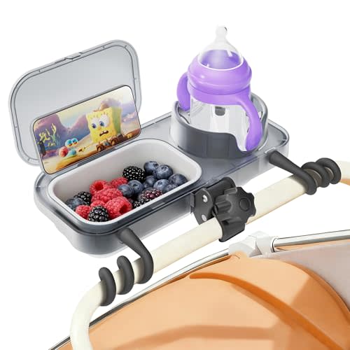 Universal Stroller Snack Tray, 3-in-1 Cup Holder Tray with Clamp & Silicone Arms Grip & Detachable Silicone Tray, Stroller Tray Attachment for Toddler & Kids, Snacking On The Go