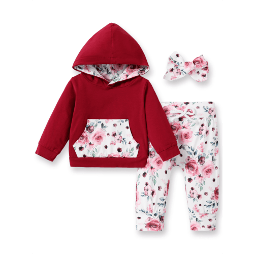 PatPat Baby Clothes for Girls Long-sleeve Floral Hoodie Pants and Headband Set,3-6 Months