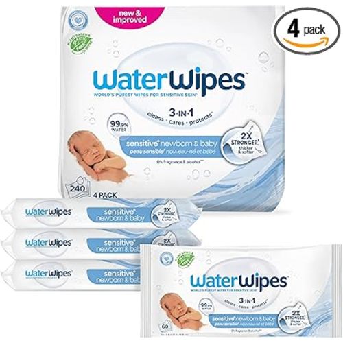 WaterWipes Sensitive+ Newborn & Baby Wipes, 3-In-1 Cleans, Cares, Protects, 99.9% Water, Unscented & Hypoallergenic, 240 Count (4 Packs)