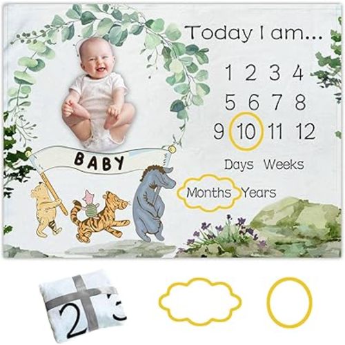 Winnie Baby Milestone Blanket, Winnie Newborn Month Blankets for Babies, Newborn Photography Background Decor, Perfect for Baby Shower Birthday Party