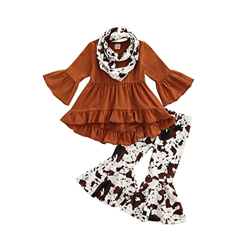 wdehow Toddler Baby Girls 3PCs Outfits Long Pullover Ruffle Dress Shirt Cow Print Flared Pants Set Fall Winter Clothes