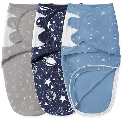 Unnivoll Baby Swaddles for Newborns with Zipper, 100% Cotton Newborn Swaddle Sack, 3 Pack Baby Swaddles 0-3 Months Swaddle Sleep Sack for Newborn Baby Boy Girl Blue Planet