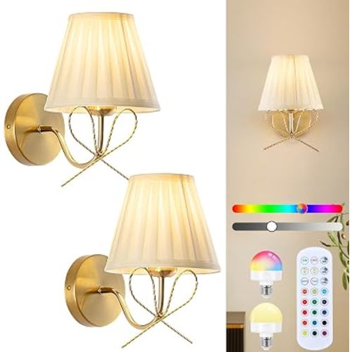 Cordless Battery Operated Wall Sconces Set of Two, Vintage Gold Sconces Wall Decor, Rechargeable Dimmable LED Lights with 15 Colors, Bow Wireless Wall Lamp for Bedroom Living Room Hallway