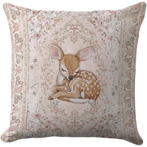 Sleeping Fawn Pillow Cover 18x18, Floral Woodland Nursery Decor