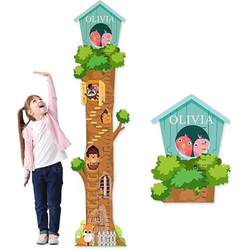 Personalized Name Growth Chart for Wall - Tree House Animals Kids Height Ruler, Wooden Growth Chart for Kids, Meaningful Memories Through Kid Size Chart Measurement