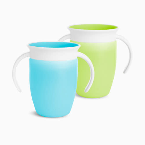 Munchkin Sippy Cup for 6 Month Old and Up, Spill Proof Miracle 360 Toddler Cups with Transition Handles, 7 Ounce, 2 Pack, Blue/Green