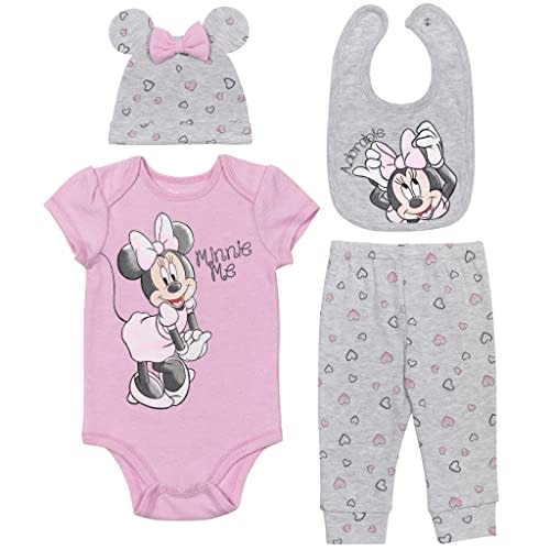Disney Minnie Mouse 4 Piece Outfit Set: Bodysuit Pants Bib Hat
