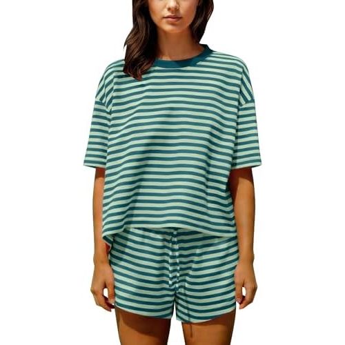Ythomm Striped Pajamas Shorts Sets Women 2 Piece Lounge Outfits Short Sleeve Tees Drawstring Shorts Summer Matching Pj Sets