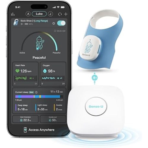 Sense-U Smart Sock Shoe 2 (Long Range) Baby Monitor with Access from Anywhere: Track Heart Rate, Sleep Patterns with Transmissive PPG Foot Sensor