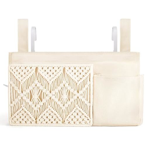 Mkono Bedside Caddy, Macrame Hanging Organizer, 4 Pockets Ivory Metal Hooks | Dorm Room Essentials, Boho Storage, Bunk Loft Bed Bedroom Nursery, Laptop Phone Remote Magazine Glasses, Fixed Straps
